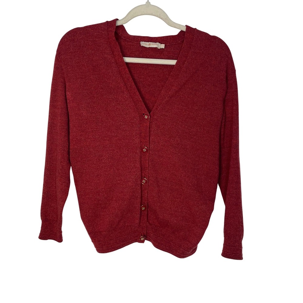 Tory Burch Women's Red Madeline V-Neck Merino Wool Cardigan Sweater Size XS - Picture 3 of 11